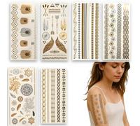 Festival Accessories, 7-Piece Set with Gold Tattoos and Necklace, Temporary Metallic Tattoos for Adults and Teenagers, Ideal for Parties, Music Festivals and Theme Events