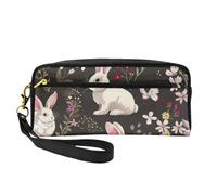 Festival Bunny Floral Printed Leather Makeup Bags with Wrist Strap Portable Travel Toiletry Bag Cosmetic Organizer Bag for Women