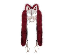 Festival Character Headpiece Cosplay Helmet Headdress With Wolf Carving And Pointed Ears Long Faux Locks And Bead Feather Ties Design suitable for, Wine Red