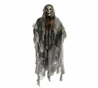 Festival Hanging Prop With Bony Face Hooded Shroud Ragged Robe Torn Textile Edges Built In Lighting Sound Effects Moving, 1.8m, Grey Robe With Iron Chain Design, Sound And Light Activated