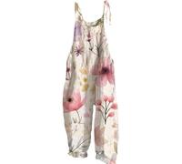 festival outfit women Dungarees Wide Leg Boho Print Jumpsuit Floral Loose Fit Playsuits Cotton Linen Summer Beach Sleeveless Rompers Bib Overalls Breathable Baggy Casual Holiday Trousers Leisure Wear