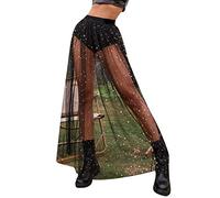 Festival Outfit Women's Glitter Skirt Sheer Mesh 2 in 1 Glitter Elastic High Waist A-line Maxi Skirt Transparent Mesh Skirt with Trousers Underneath Tulle Skirt Glitter Star Maxi Skirt Music Festivals