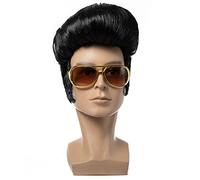 FESTIVAL PARTY Black Rock N Roll Greaser Wig with Glasses, Costume Halloween Cosplay Party, Pompadour Hair