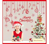 Festival Red Wall Sticker Window Decal for Christmas, Xmas Shopping Window Decoration with Lines and Merry Christmas Sticker