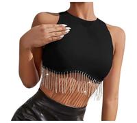 Festival Rhinestone Fringe Crop Top for Women Sexy Sleeveless Racerback Y2K Tank Top HaIter Tank Glitter Tassel Vest for Carnival Rave Party Clubwear Night Out Black White Solid Colour Tops (Black, L)