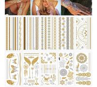 Festival Tattoos Gold 10 Sheets 125+ Glitter Metallic Temporary Tattoos for Sticking Tattoos Adults Women Waterproof Festival Accessories for Women Teenagers Girls Carnival Party Wedding