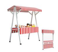 Festival Trolley on Wheels Folding Camping Wagon Portable Camping Cart Collapsible Foldable Trolly，Foldable Vendor Cart for Food Sales - Metal Hot Dog Stand with Counter & Canopy, Red - Outd