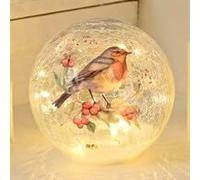 Festive 15cm Battery Lit Crackle Effect Light Up Christmas Robin Branch Ball Decoration (P050912)