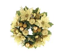 Festive 200 mm Poinsettia Candle Ring with Berries Ribbon Bow and Green Holly, Gold