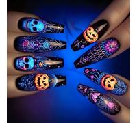 Festive 24-Piece Press-on Nails Halloween Pumpkins & Bats in Shimmering Coffin Shape Art Nails Long Lasting ABS Manicure