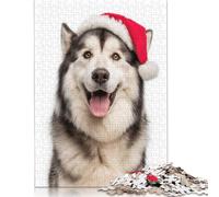 Festive Alaskan Malamute with Santa Hat Puzzles 300 Pieces Wooden Puzzles Puzzles for Adults & Teenager Family Entertainment Toys 1000pcs (75x50cm)