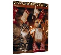 Festive Animal Wall Art, Red Green Cat Dog Canvas Prints, Christmas Decor for Living Room, Bedroom, Office, Wrapped Canvas 8x12 Inch