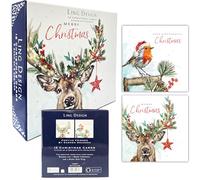Festive Art Deluxe Box of 12 Christmas & New Year Cards - 135 x 135mm (5.5x5.5in) - Gloss Finish on Premium Board - Great British Card Company (Festive Stag & Robin)