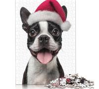 Festive Boston Terrier with Santa Hat Puzzles 1000 Pieces Wood Puzzle Jigsaws for Adults Family Fun Jigsaws Puzzles 1000pcs (75x50cm)