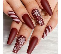 Festive Burgundy Matte Press on Nails Short Almond French Tip - Full Cover Acrylic False Nails for Women with Snowflake Candy Stripe Coffin Art Design (Burgundy Snow Magic)