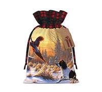 Festive Burlap Drawstring Dog Catching Pheasant Gift Bag - Vibrant Colors With Scottish Plaid Pattern