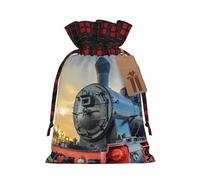 Festive Burlap Drawstring Steam Train Gift Bag - Vibrant Colors With Scottish Plaid Pattern