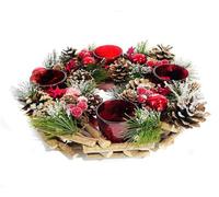 Festive Candleholder Centrepiece with 4 LED Candles - Round Frosted Christmas Xmas Tealight Holder Table Decoration with Twig Base, Pinecones, Faux Spruce & Berries, Stars & Baubles - H9 x 30cm Dia