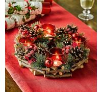 Festive Candleholder Centrepiece with 4 LED Candles - White Round Frosted Christmas Xmas Tealight Holder Table Decoration with Twig Base, Pinecones, Faux Spruce, Stars & Baubles - H9 x 30cm (Red)