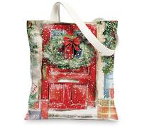 Festive Canvas Tote Bags, Holiday Door Design Reusable Grocery Bags, Seasonal Lightweight Washable Shoulder for Shopping Tr, Red, 13x15 Inch