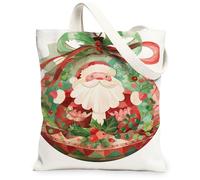 Festive Canvas Tote Bags, Vintage Santa Claus Design Reusable Shopping Bags, Lightweight Washable Holiday Tote for Gifts, T, White, 13x15 Inch