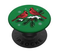 Festive Cardinals on Snowy Pine Branch Christmas Art PopSockets Adhesive PopGrip