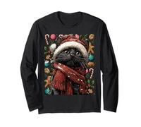 Festive Cat with Snow Santa Hat Snowy Winter Christmas Long Sleeve T-Shirt