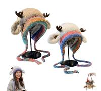 Festive Christmas Antler Hat & Bag 2-in-1, Cute Christmas Antler Beanie Hat, Creative Reindeer Beanie for Women & Adults, Warm Knitted Deer Winter Cap Folds into Handbag