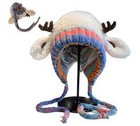 Festive Christmas Antler Hat & Handbag 2-in-1, Cute Animal Horns Ears Winter Hat, Reindeer Beanie Antler Warm Cap (Beige)