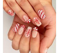 Festive Christmas Artificial Nail Tips with Red & White Candy Cane Stripes & Snowflake Designs - Elegant Squoval Press On Nail Set for Women, Holiday French Tip Acrylic Stick, Short Square False Kit