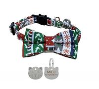 Festive Christmas Cat/Kitten Collar with Bow Tie, Quick Release Safety Buckle, Bell & Personalised Engraved 22mm Cat Face ID Tag (Christmas Designs)