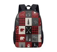 Festive Christmas Deer 17 Inch Backpack for Kids Teens, Forest Silhouette Red Plaid School Bag Travel Daypack (02)