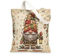 Festive Christmas Gnome Illustration Canvas Tote Bag 13x15 Inch | Patchwork Gnome Motif, Winter Snowflake Patterns, Nostalgic Holiday Lantern, Festive Evergreen Branches, Cozy Seasonal Charm