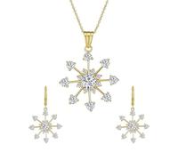 Festive Christmas Jewelry Set CZ Snowflake Dangle Earrings & Necklace -Captivate the Frozen Winter Theme Holiday Party Season for Women and Teens - Yellow Gold Plated