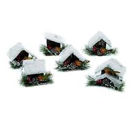 Festive Christmas Set of 6 Robin & Bird House Tree Decorations