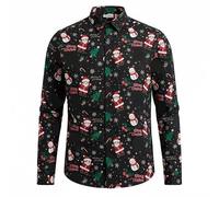Festive Christmas Shirt for Men, All Over Print Long Sleeve with Santa Snowman Christmas Tree, Black Novelty Button Down for Xmas Gatherings