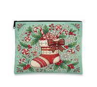 Festive Christmas Stocking Illustration Makeup Bag 7x9 Inch | Peppermint Candy Canes, Cosmetic Bag, Winter Holly Berries, Classic Plaid Bow, Fanciful Snowflake Patterns