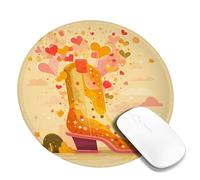 Festive Colorful Cowboy Boot Mouse Pad, Vibrant Yellow Red Design with Hearts, Decorative Stitched Edge Mousepad, Soft Non-Slip Washable Gaming Mat for Home and Office Round 8x8 Inch