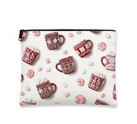 Festive Cosmetic Bag, Red Mug Patterns Holiday Makeup Pouch for Women, Portable Small Canvas Zipper Organizer, Christmas Skincare Toiletry Bag, Red, 7x9 Inch, Mug