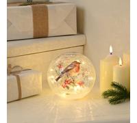 Festive Crackle Effect Lit Robin Branch Christmas Ball - 15Cm