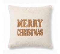 Homescapes Festive Faux Fur Cushion Embroidered Holiday Greeting, 45 X 45 Cm