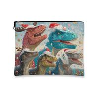 Festive Dinosaur Makeup Bag, Colorful Cartoon Holiday Cosmetic Travel Pouch for Kids, Portable Small Canvas Zipper Organizer, Christmas Gift Idea, Multicolor, 7x9 Inch, Dinosaurs