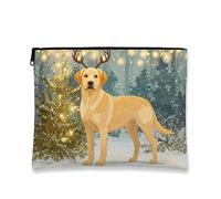 Festive Dog Makeup Bag, Yellow Labrador Christmas Cosmetic Travel Pouch for Women, Portable Small Canvas Zipper Case, Holiday Skincare Toiletry Bag Organizer, Yellow, 7x9 Inch, Dog