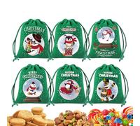 Festive Drawstring Pouches, 6 Count Holiday Storage Tote Collection, Medium 9x12in Fabric Gift Bags, Soft Carrying Holder, Christmas Party Supplies with Convenient Handle, Birthday Holiday Kids Use