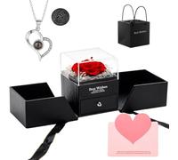 Festive Find Store Preserved Real Rose with I Love You Heart Necklace - Immortal Romantic Red Roses Gift Set for Birthday Mom Wife Girlfriend Grandma on Valentines Mother’s Day Anniversary