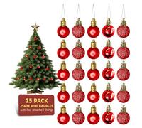 Festive Fix 25 Red Mini Shatterproof Christmas Baubles - Shiny, Matte & Glitter Hanging Ornament, Lightweight, Durable Xmas Decorations for Christmas Trees, Home, Party & Festive Events