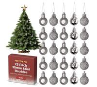 Festive Fix 25 Silver Mini Christmas Baubles - Shatterproof, Lightweight Small Tree Decorations for Xmas, Home, Party & Festive Displays