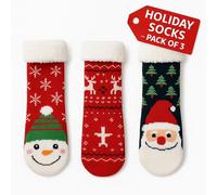 Festive Fix 3-Pack Fluffy Slipper Socks UK 5-7 - Fleece-Lined Non-Slip Christmas House Socks, Warm & Comfy Indoor Socks for Women, Teens, Girls (Festive Designs)