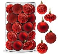Festive Fix 34Pcs Hanging Christmas Baubles in Red - 6cm 5-Finish Ball Xmas Trees Decor Ornaments with Strings | Shatterproof Decorative Glitter Balls for Christmas Holiday Party Decorations