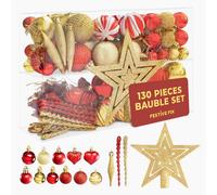 Festive Fix Christmas Baubles Set 130 Piece Red & Gold Decorations With Tree Topper Complete Tree Decoration Set Premium Holiday